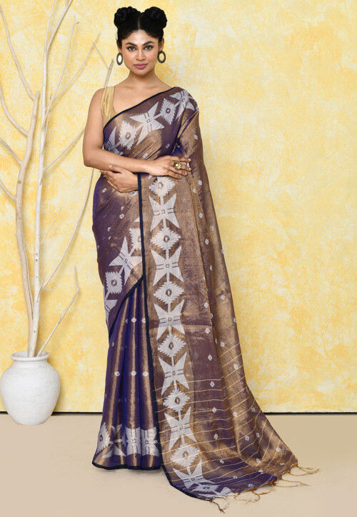 Handloom Jamdani Tissue Silk Saree in Golden and Purple
