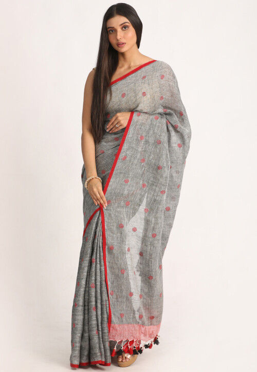 Handloom Linen Jamdani Saree in Grey