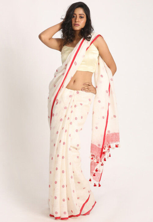 Handloom Linen Jamdani Saree in White