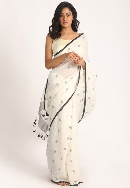 Handloom Linen Jamdani Saree in White