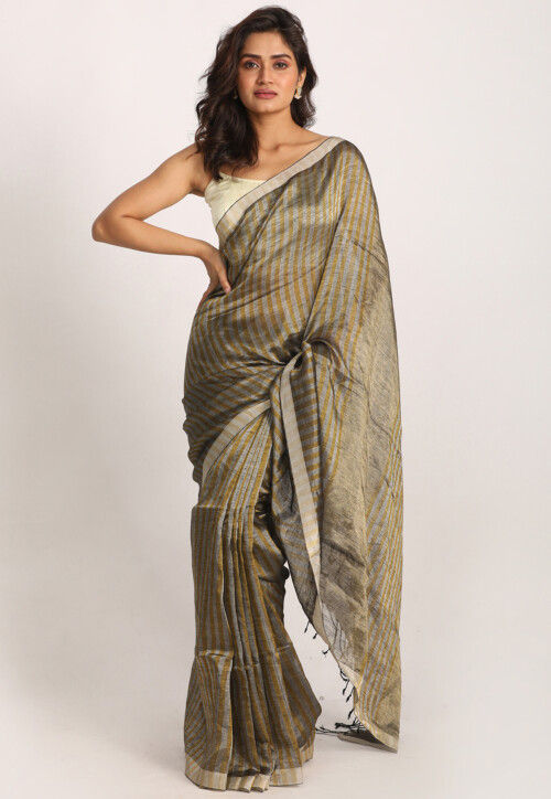 Beige & Gold Tissue Linen Saree With Woven Stripes – Thearyavart