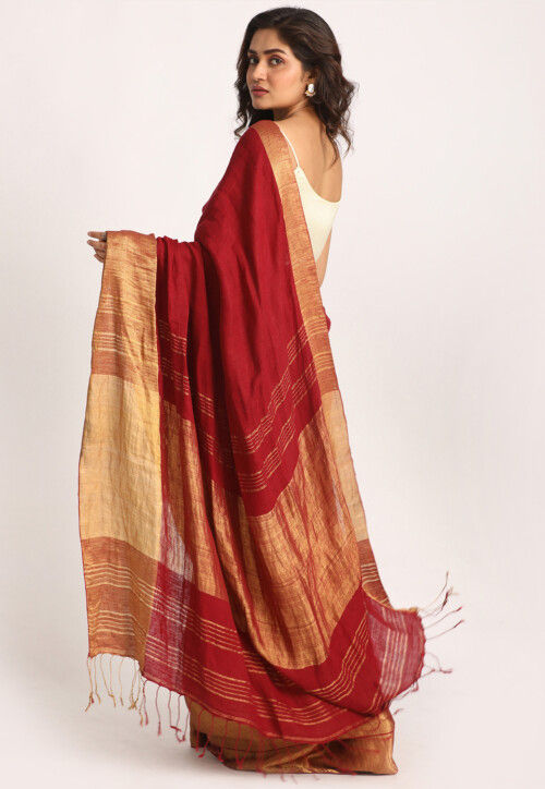 Handloom Linen Saree in Maroon