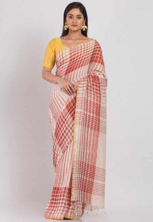 Handloom Linen Saree in Off White