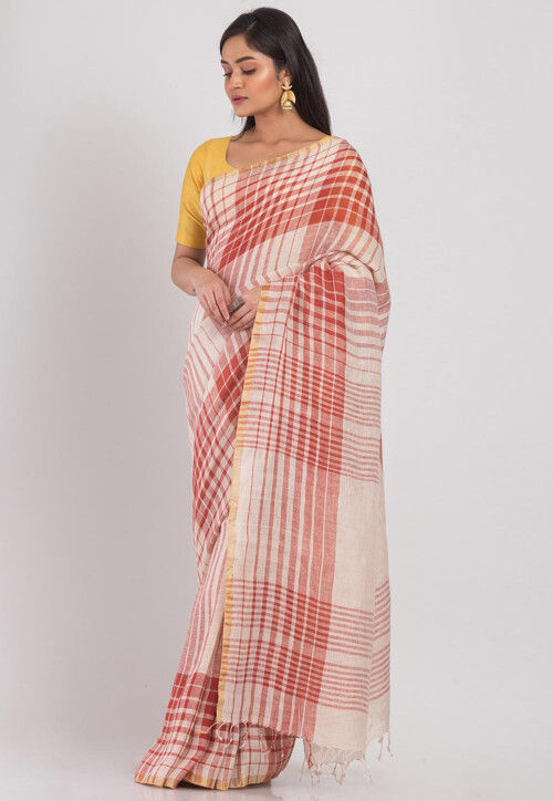Handloom Linen Saree in Off White