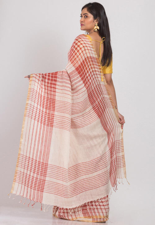Handloom Linen Saree in Off White
