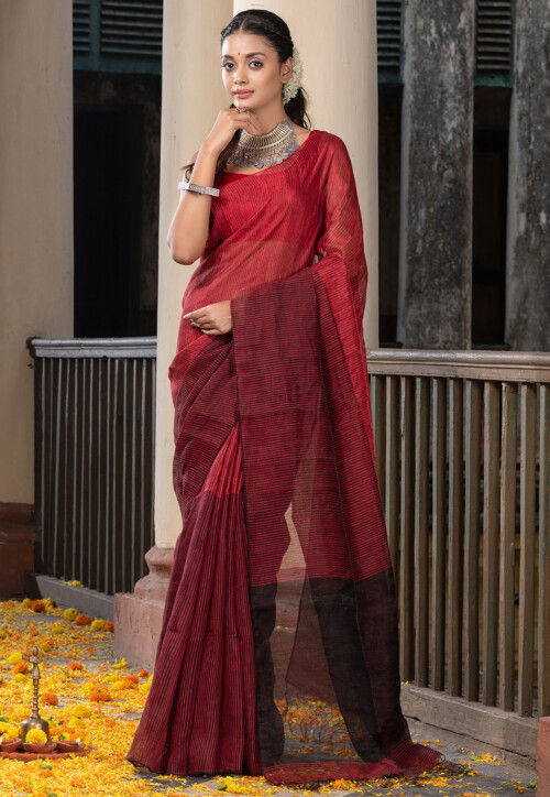 Off White Handloom Linen Saree - Luxurionworld – Luxurion World