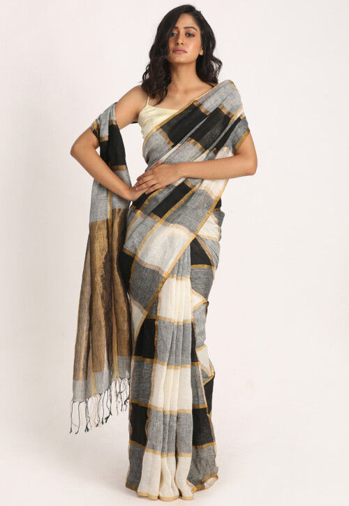 Tussar Linen Saree ( Black ) ( Box Batik )