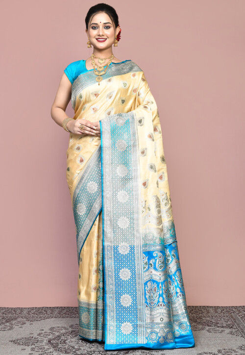 Handloom Pure Banarasi Katan Silk Saree in Beige and Blue
