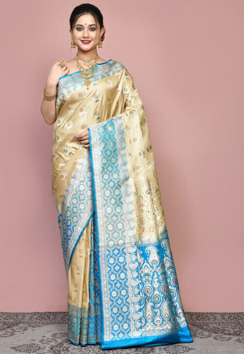Handloom Pure Banarasi Katan Silk Saree in Beige and Blue