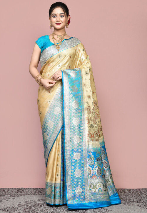 Handloom Pure Banarasi Katan Silk Saree in Beige and Blue