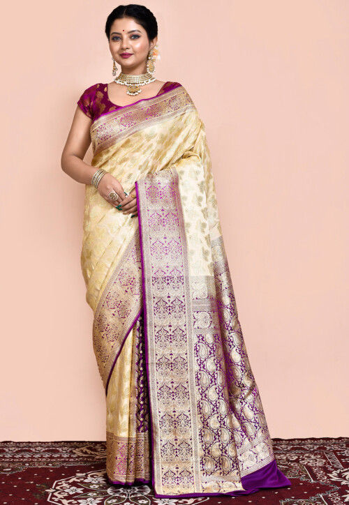 Handloom Pure Banarasi Katan Silk Saree in Beige and Violet