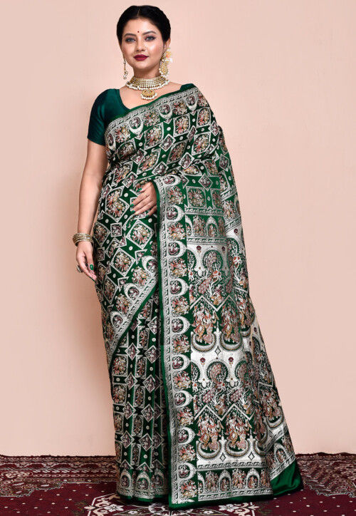 Handloom Pure Banarasi Katan Silk Saree in Dark Green