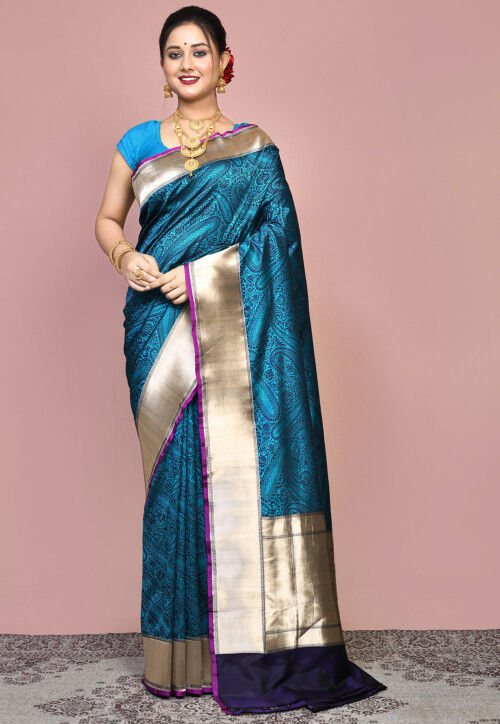 Handloom Pure Banarasi Katan Silk Saree in Teal Blue