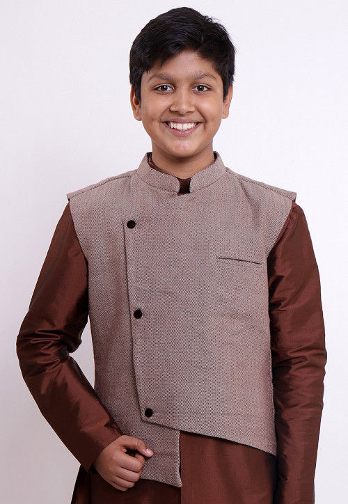 Handloom Pure Cotton Asymmetric Nehru Jacket in Fawn