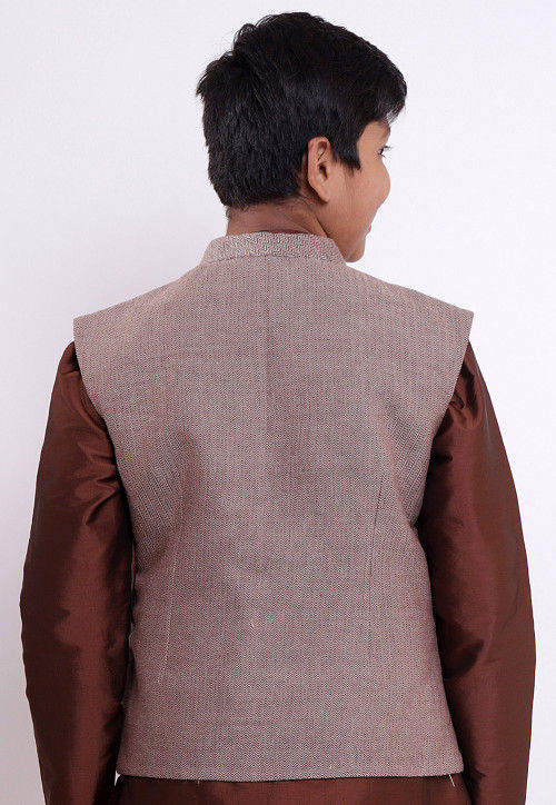 Handloom Pure Cotton Asymmetric Nehru Jacket in Fawn