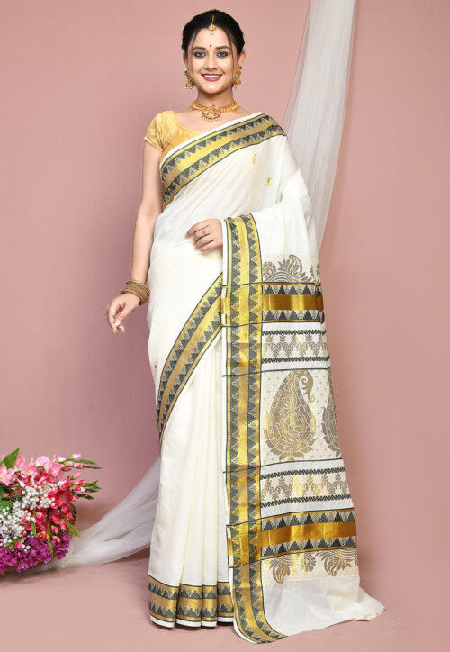 Handloom Pure Cotton Kerela Kasavu Saree in White
