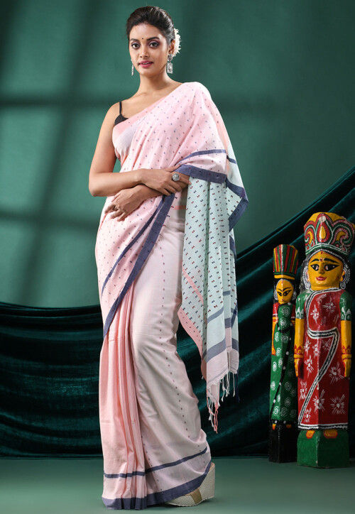 Handloom Pure Cotton Saree in Baby Pink