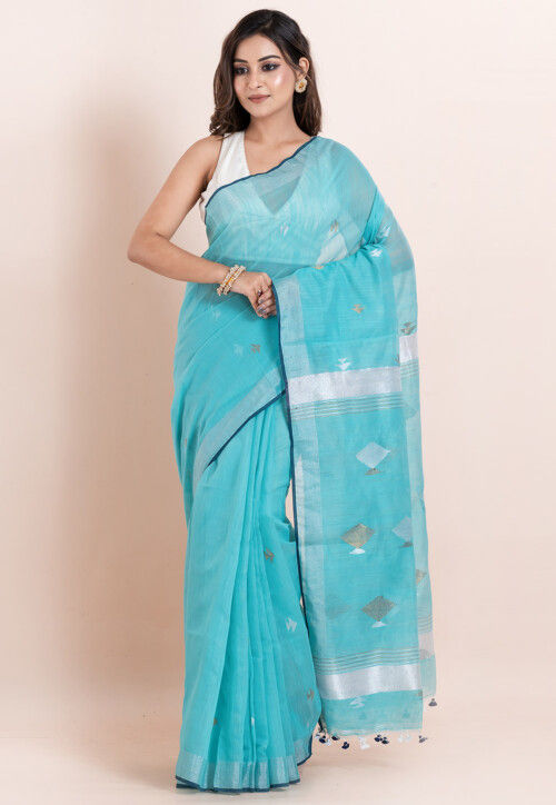 Handloom Pure Cotton Saree in Blue