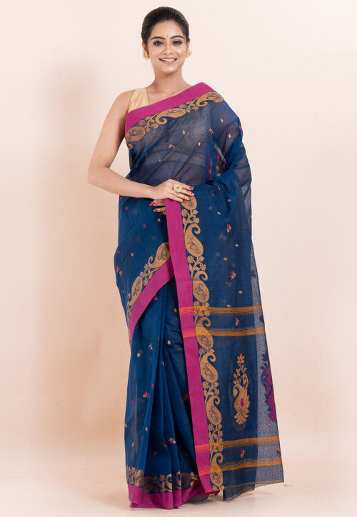 Handloom Pure Cotton Saree in Dark Blue