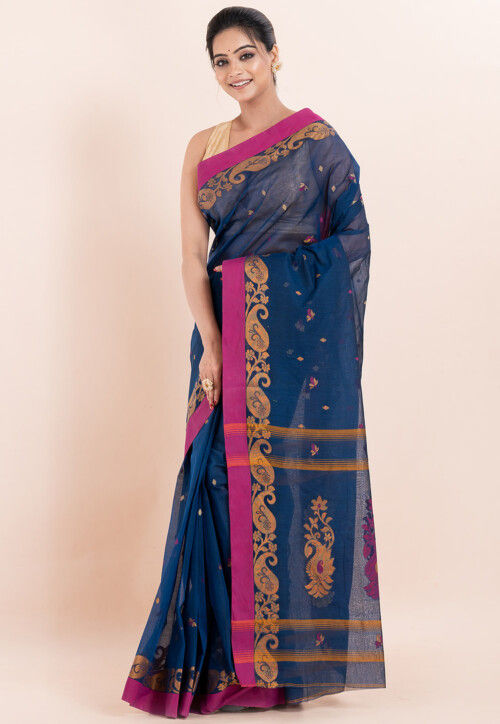 Handloom Pure Cotton Saree in Dark Blue