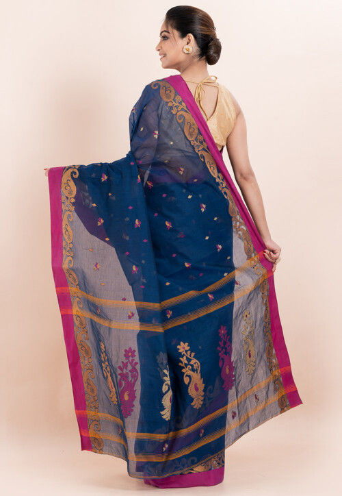 Handloom Pure Cotton Saree in Dark Blue