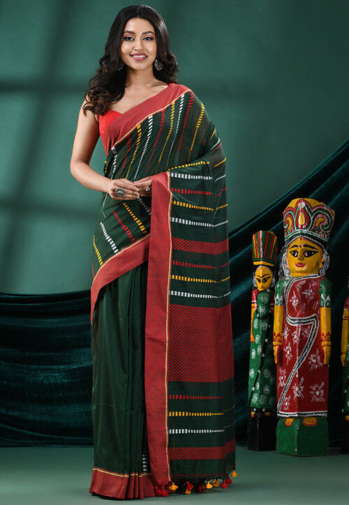 Handloom Pure Cotton Saree in Dark Green