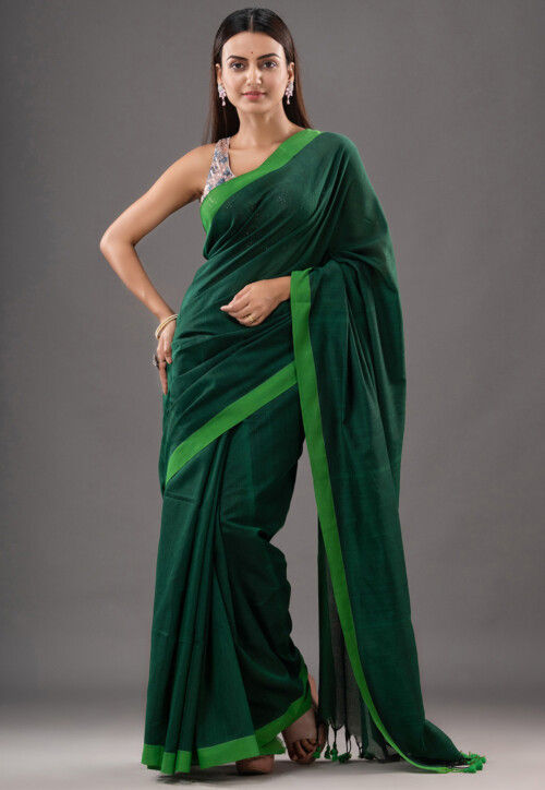 Handloom Emerald Green Pure Cotton saree with Gold Zari Border & Pallu