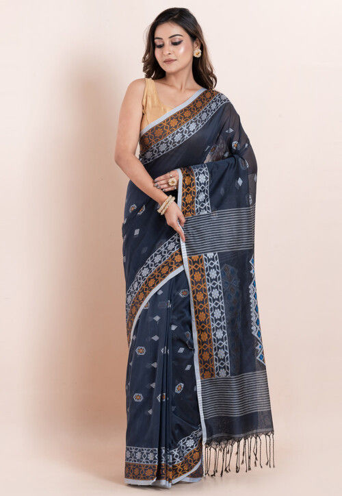 Handloom Pure Cotton Saree in Dark Grey