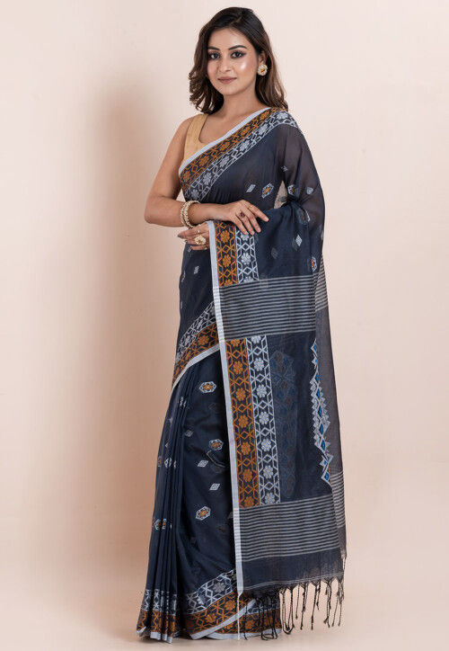 Handloom Pure Cotton Saree in Dark Grey
