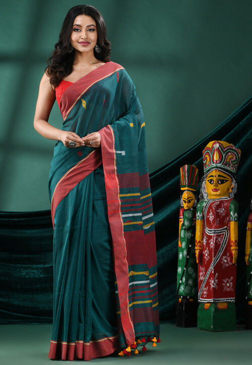 Handloom Pure Cotton Saree in Dark Turquoise