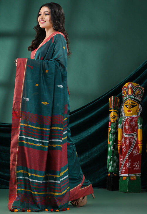 Handloom Pure Cotton Saree in Dark Turquoise