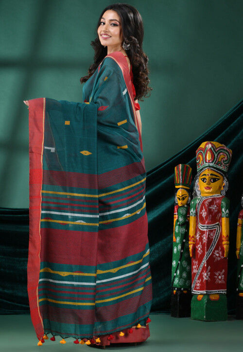 Handloom Pure Cotton Saree in Dark Turquoise