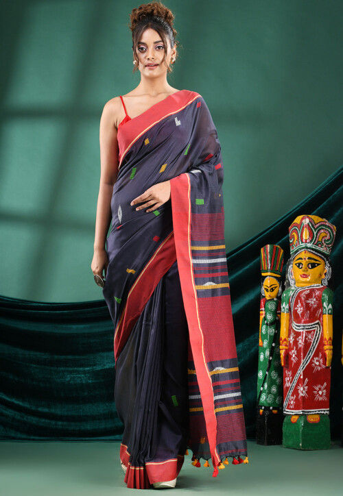 Handloom Pure Cotton Saree in Dusty Blue