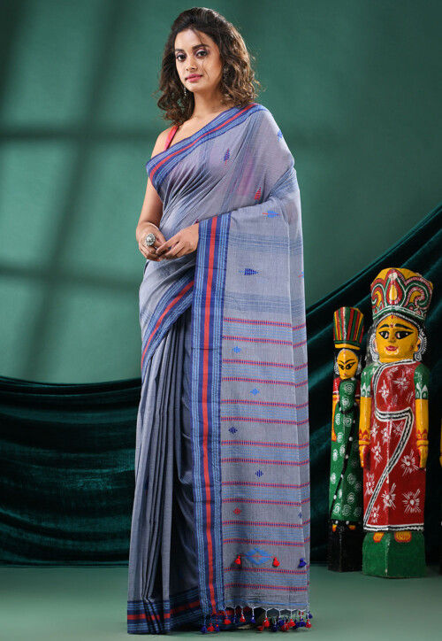 Handloom Pure Cotton Saree in Dusty Blue