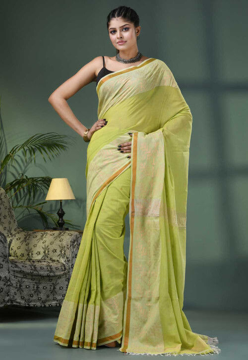 Handloom Pure Cotton Saree in Light Green