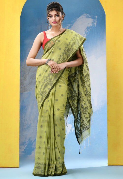Handloom Pure Cotton Saree in Light Olive Green