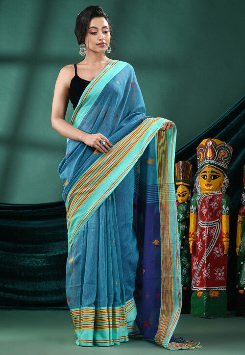 Handloom Pure Cotton Saree in Light Teal Blue