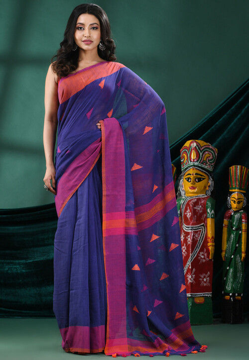 Handloom Pure Cotton Saree in Navy Blue