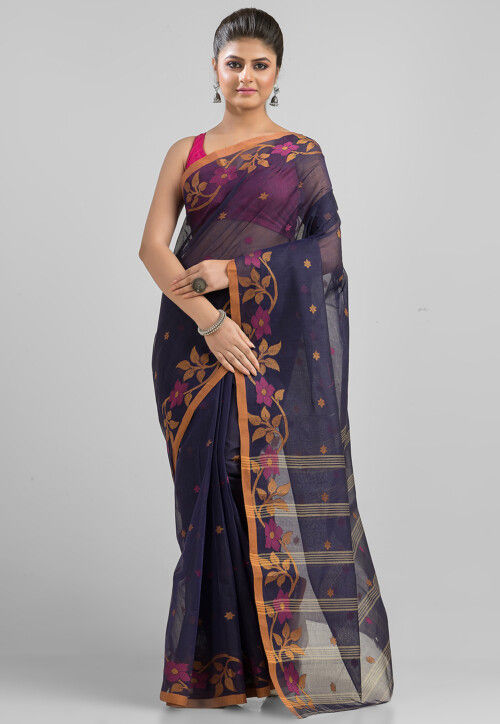 Handloom  Pure Cotton  Saree in Navy Blue