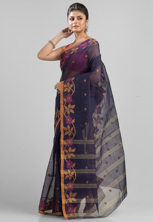 Handloom  Pure Cotton  Saree in Navy Blue