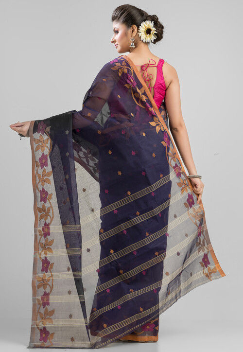 Handloom  Pure Cotton  Saree in Navy Blue