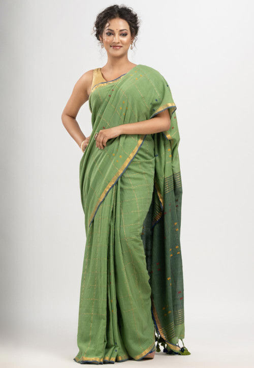 Handloom Pure Cotton Saree in Olive Green