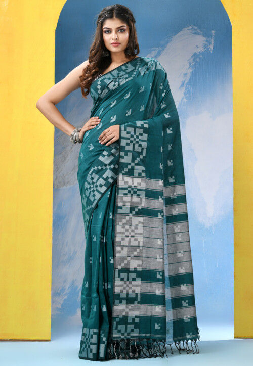 Handloom Pure Cotton Saree in Teal Green