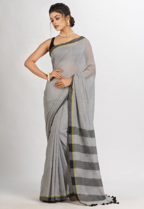 Handloom Pure Cotton Saree in White and Black