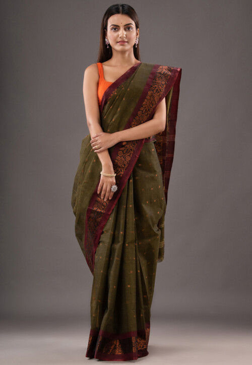 Handloom Pure Cotton Tant Saree in Green