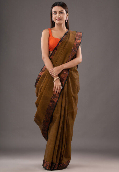 Handloom Pure Cotton Tant Saree in Olive Green
