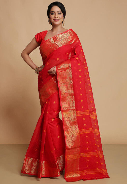 Buy Handloom Pure Cotton Tant Saree in Red Online SUUA750 Utsav Fashion