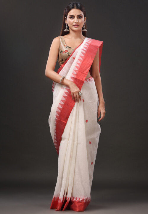 Buy Ruuprekha Solid/Plain Tant Pure Cotton White Sarees Online @ Best Price  In India | Flipkart.com