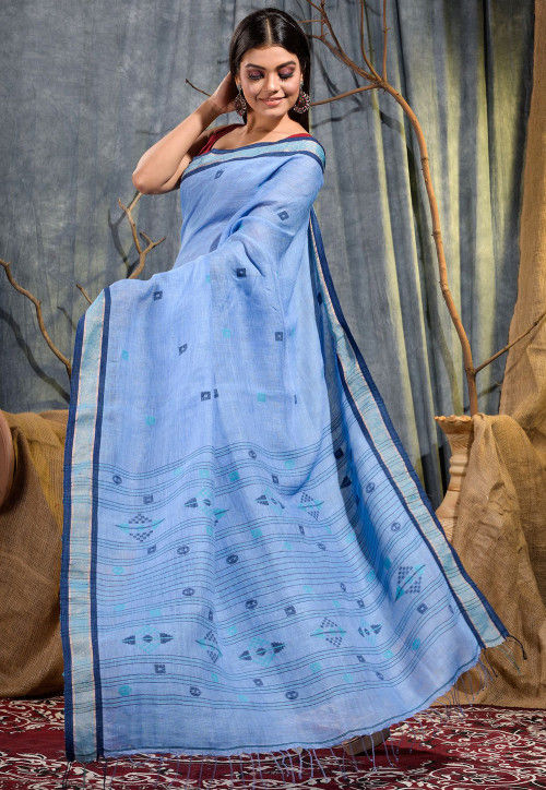 Handloom Pure Linen Jamdani Saree in Light Blue