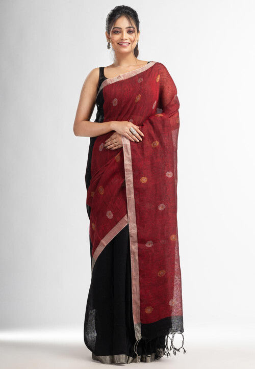 Handloom Pure Linen Jamdani Saree in Maroon and Black